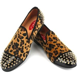 Mens Leopard Loafers Leather Embroidery Spiked Slip on Dress Shoes Slipper